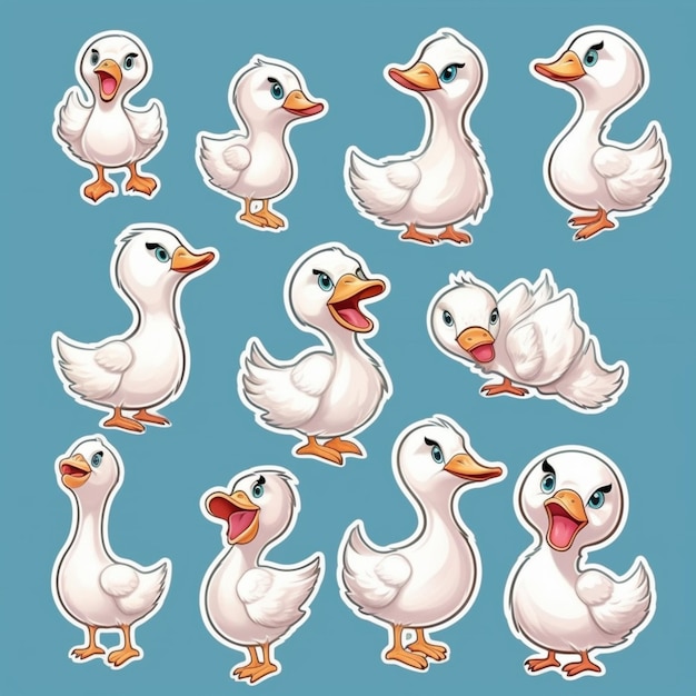 patos brancos de desenho animado com expressões diferentes em fundo azul ai generativo