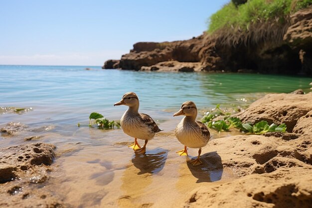 Los patos caminando a lo largo de una costa arenosa al amanecer