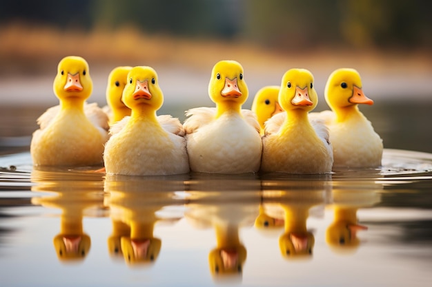 patos coloridos agradáveis nadando em uma fila com líderes de reflexão refletem