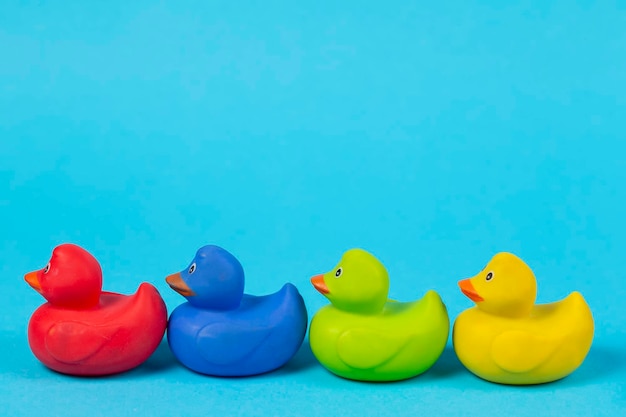 Patos de borracha multicoloridos em um fundo azul