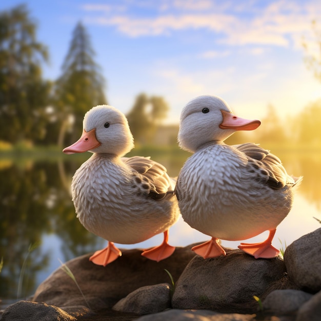 Foto patos de pé na grama ao lado de uma lagoa