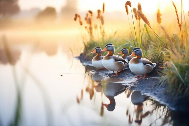 Patos em fila à beira de uma lagoa ao nascer do sol