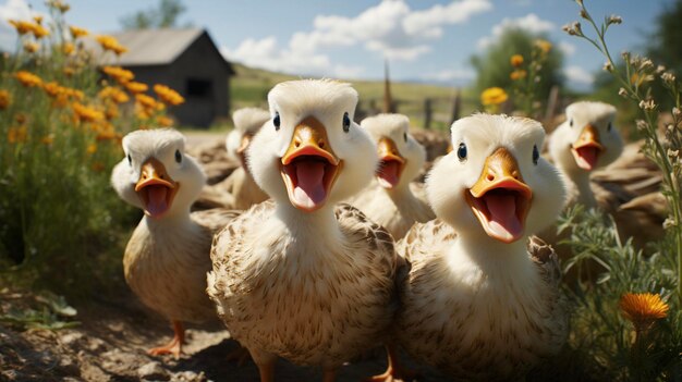 Foto patos engraçados a cacarejar numa quinta realista ultra hd