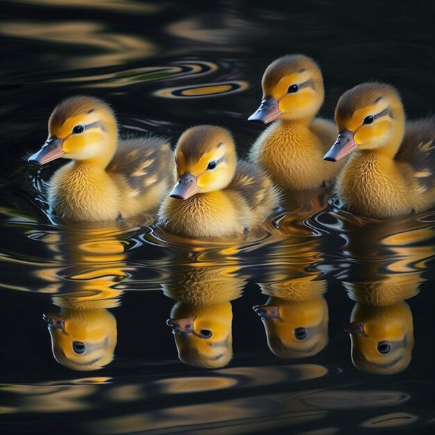 Los patos están nadando en el agua con su reflejo en el agua generativa ai