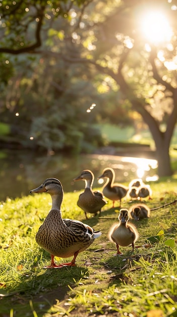 los patos están de pie en la hierba junto a un estanque