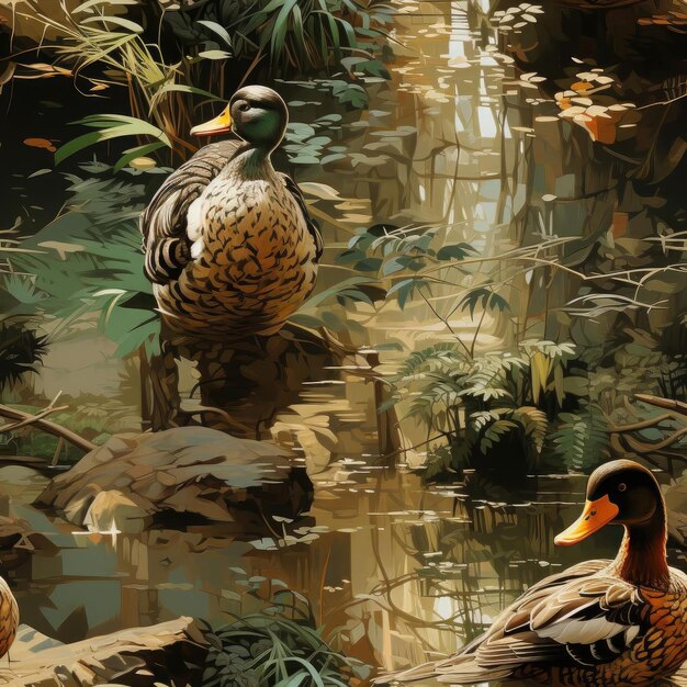 Foto patos en un estanque con árboles ilustrados con azulejos muy detallados