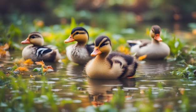 Foto patos estão nadando na água um deles tem um bico vermelho