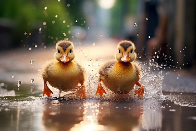 Patos jugando en un charco después de una tormenta capturando sus travesuras lúdicas