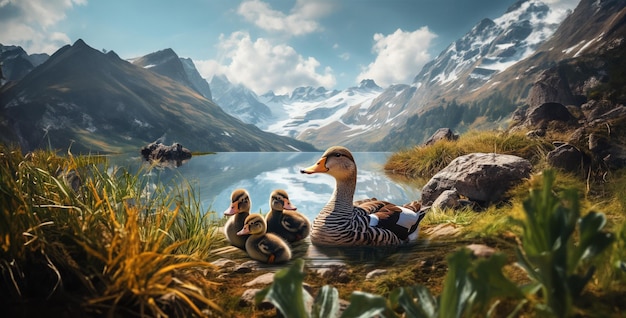 Foto patos en el lago una escena con un pato madre y un pato bebé en la montaña