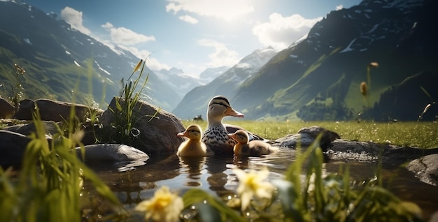 Foto patos en el lago una escena con un pato madre y un pato bebé en la montaña