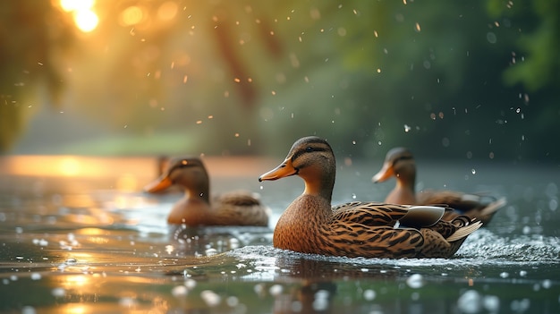 Patos mallardos nadando en un estanque con gotas de agua a la luz del sol