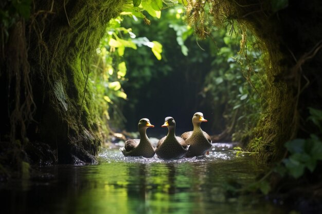 Los patos nadan a través de un túnel de follaje verde vibrante