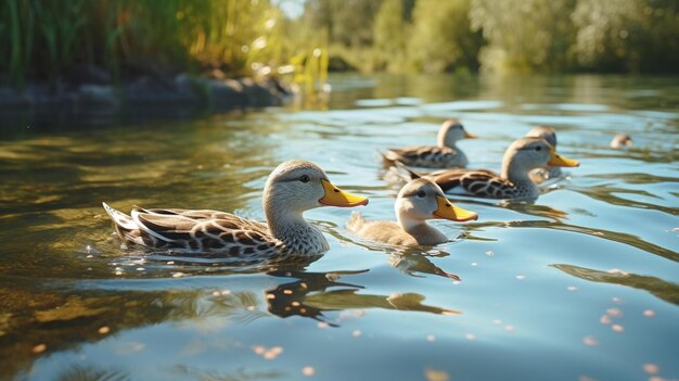 Foto patos nadando em uma lagoa com alguns patos na água