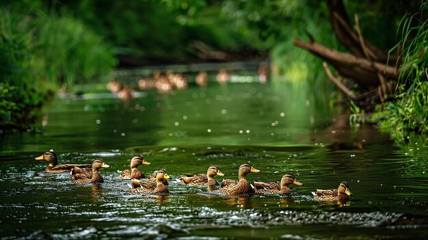 patos nadando em uma lagoa com árvores ao fundo