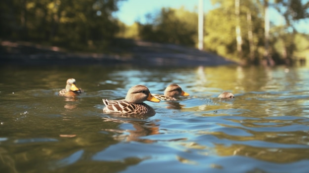 Foto patos nadando en un estanque con árboles en el fondo