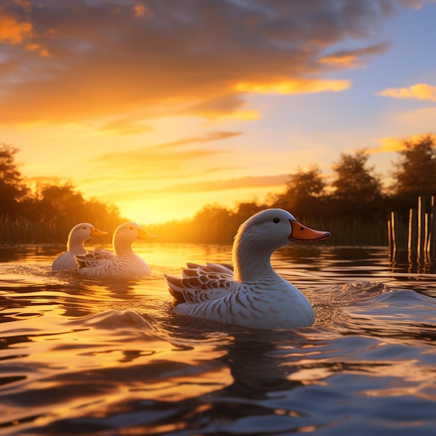 patos nadando en un río al atardecer