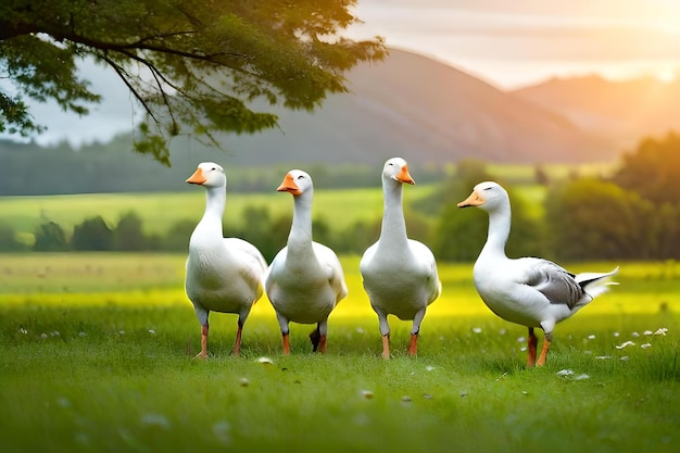 Patos de pie en un campo, con una montaña en el fondo.