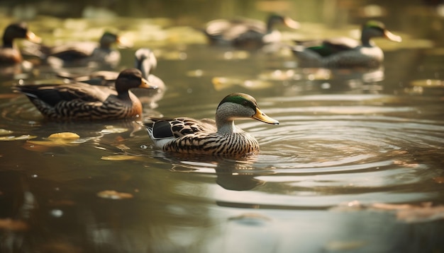 Los patos reales cacarean junto al tranquilo estanque generado por la inteligencia artificial