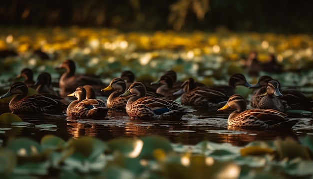 Patos reales nadan en aguas tranquilas de estanques generadas por inteligencia artificial