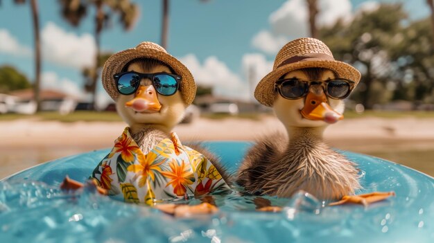 Foto patos vestidos com camisa havaiana, calções de praia, chapéu, óculos de sol, a remar na piscina inflável para crianças.