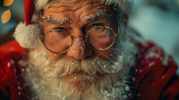 Patrão como papai noel em óculos roxo vestido sentado com confiança verde pastel tema de ano novo bandeira de férias de natal ai generative