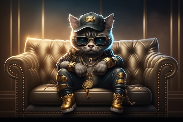 Patrão do rapper gato no estilo gangsta com correntes de ouro Conceito de vida Thug