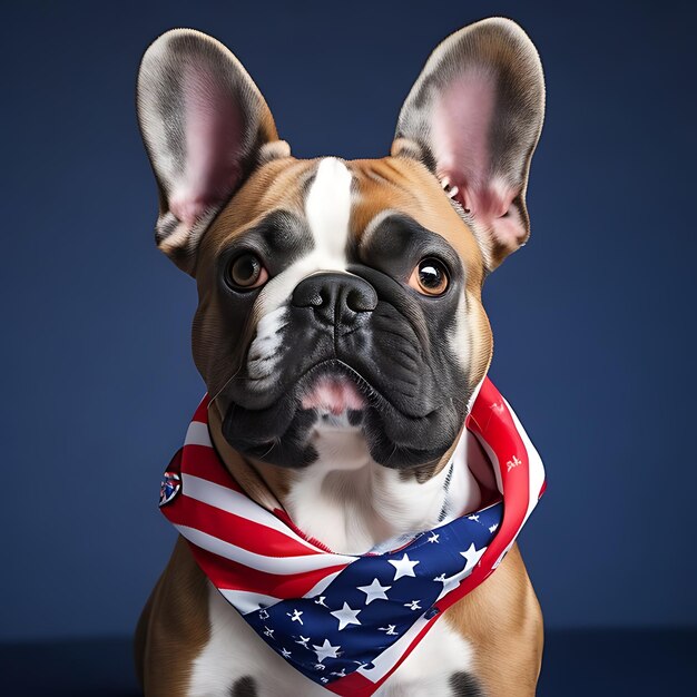 Patriotic The French Bulldog está usando a bandeira americana como uma elegante bandana Generative AI