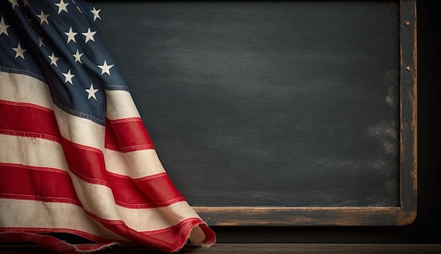 Patriotische amerikanische Flagge und Tafel auf Vintage-Holzhintergrund, perfekt für den Unabhängigkeitstag