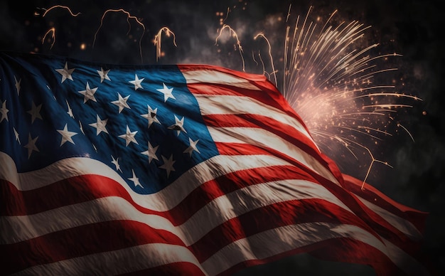 Patriotische Feiertagsfeier des Unabhängigkeitstages im Freien mit Feuerwerksraketen 3D-Rendering