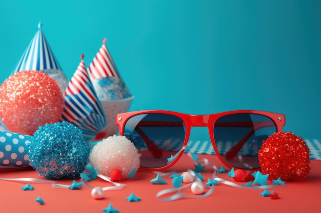 Patriotische Postkarte mit Sonnenbrille und etwas Feiertagsdekor in den Farben des Unabhängigkeitstags der Flagge der USA