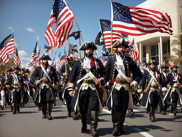 Patriotische Soldaten stehen mit der amerikanischen Flagge