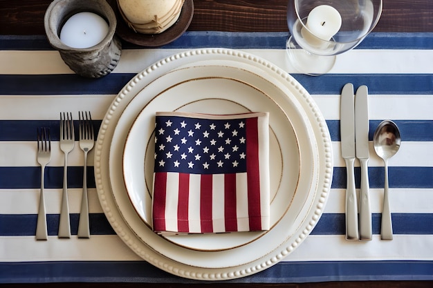 Patriotische Tischgestaltung mit amerikanischer Flagge Unabhängigkeitstag glücklicher Gedenktag Sicht von oben
