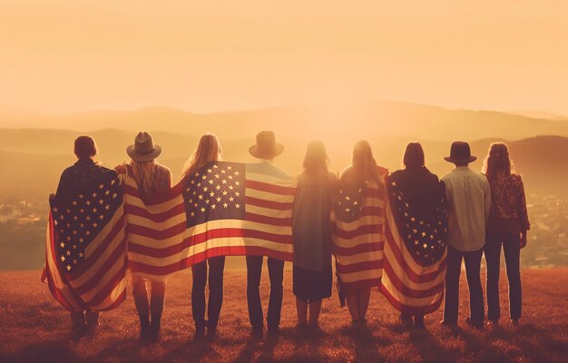 Patriotischer Feiertag Silhouetten von Menschen, die die Flagge der USA halten Amerika feiert den 4. Juli Generative Ai