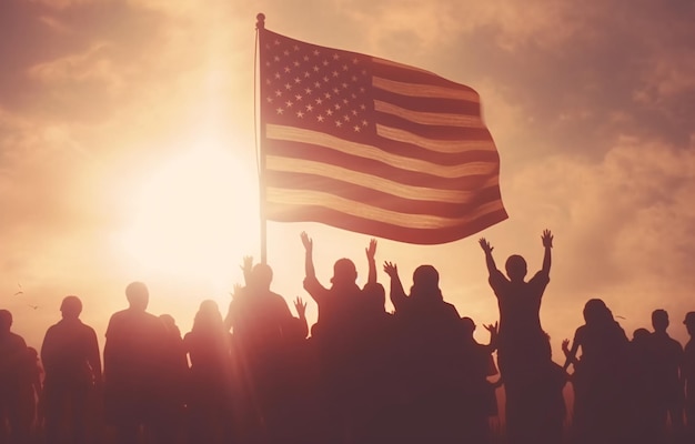 Patriotischer Feiertag Silhouetten von Menschen, die die Flagge der USA halten Amerika feiert den 4. Juli Generative Ai