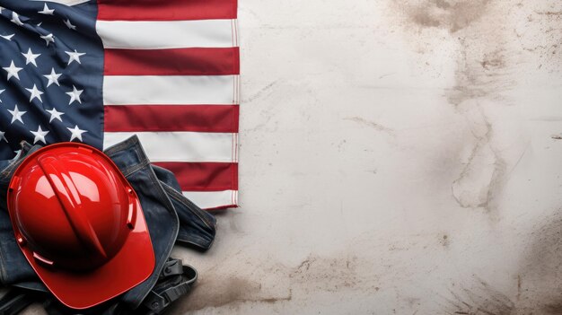 Foto patriotischer tag der arbeit top-view-aufnahme mit der amerikanischen flagge bauhelm und arbeitshandschuhe