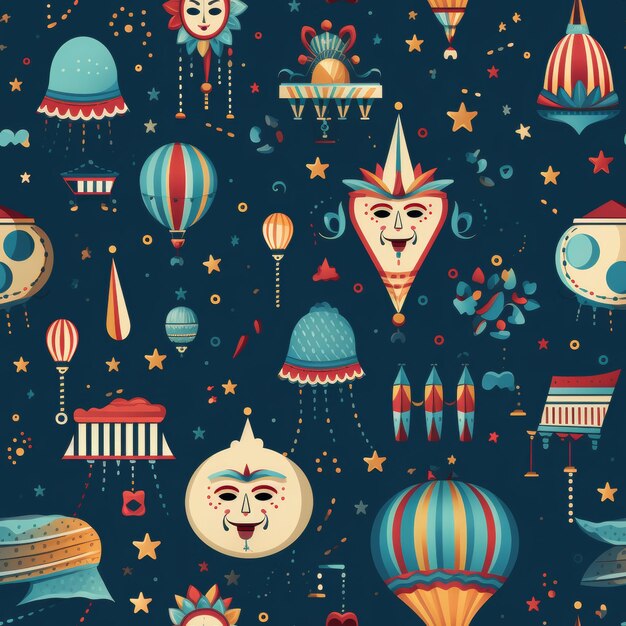 Patroço colorido de balões, estrelas e máscaras