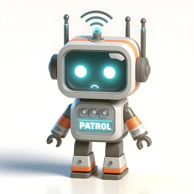 Patrol Bot concepto como defensor automatizado contra intrusos con fondo blanco y aislado lindo c