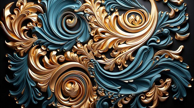 Foto patrón 3d convexo volumétrico geométrico con textura de oro azul con adornos étnicos
