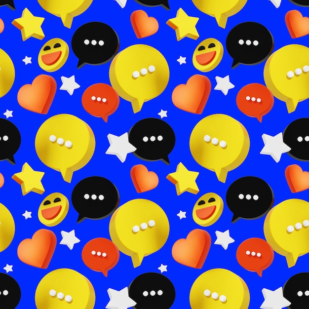 Patrón 3D sin fisuras de burbuja de habla y emoji en fondo de color azul con estrella y corazón Diseño 3D de ilustración de redes sociales para web de póster de banner