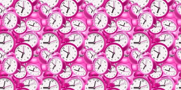 Foto patrón 3d de reloj de alarma retro de color rosa con flecha en el fondo de color para la web de banner de cartel