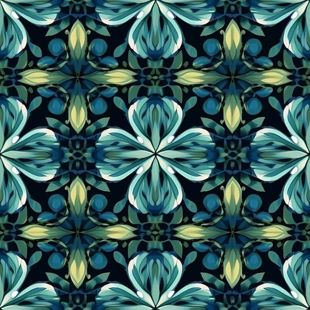 un patrón abstracto azul y verde con hojas sobre un fondo negro ai generativo