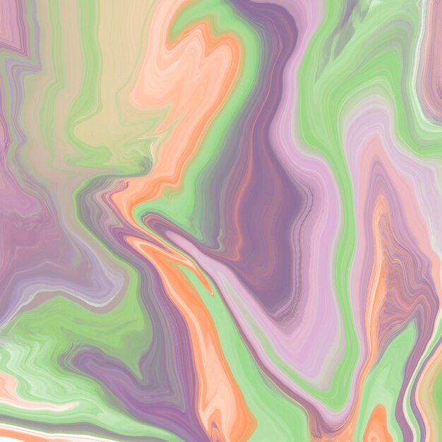 Patrón abstracto fluido con tonos giratorios de lila verde y naranja