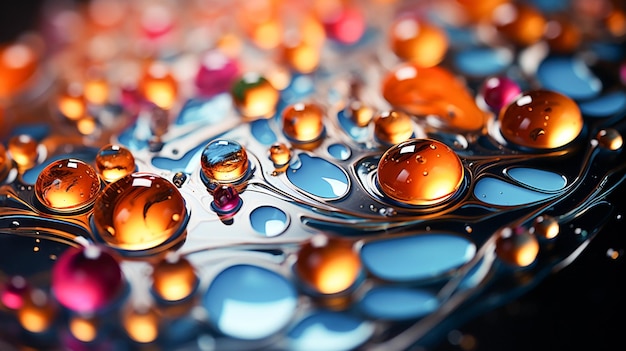 Patrón abstracto de gotas de líquido multicolor en la superficie de la mesa brillante