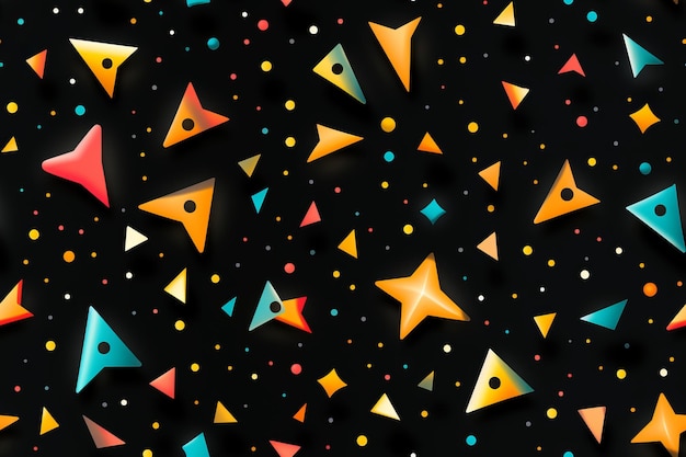un patrón abstracto con triángulos coloridos y estrellas sobre un fondo negro