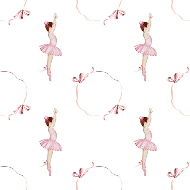 Patrón de acuarela de bailarina dibujado a mano sin costuras increíble bailarina en falda tutu rosa con