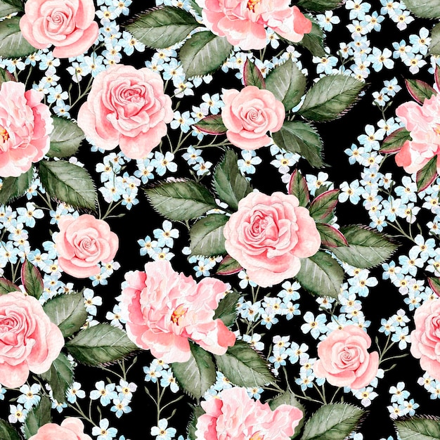 Patrón de acuarela brillante con flores de peonía de rosas olvidadas Ilustración