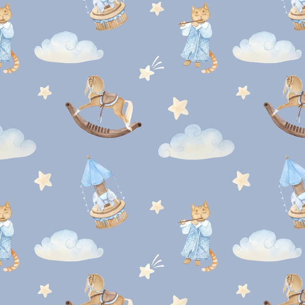 Foto patrón de acuarela con carruseles de gatos de cuento de hadas lindo vintage caballos mecedoras nubes estrellas sobre fondo azul