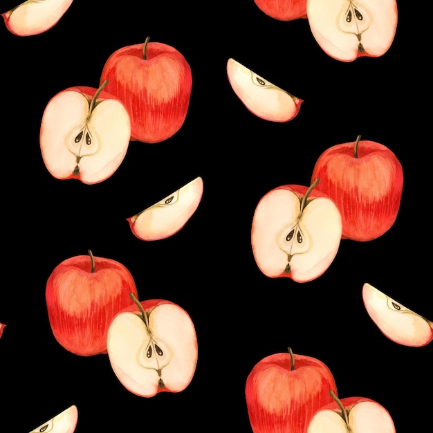 Patrón de acuarela sin costura manzanas maduras rojas media manzana con semillas y rebanadas pintadas a mano en acuarela sobre un fondo negro Adecuadas para imprimir en tela y papel para la decoración de la cocina