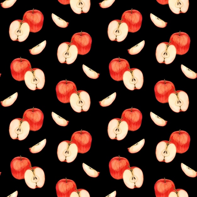 Patrón de acuarela sin costura manzanas maduras rojas media manzana con semillas y rebanadas pintadas a mano