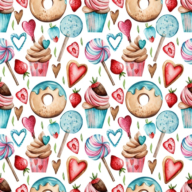 Foto patrón de acuarela sin costura pastelería dulces pasteles dibujados a mano piruletas piruletas rosquillas galletas de fresas aisladas sobre fondo blanco diseño para papel de embalaje